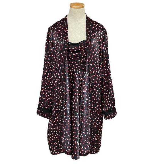Delicates Robe & Chemise Set Women's L Large Black Red Pink Polka Dot Nightgown - Picture 1 of 17